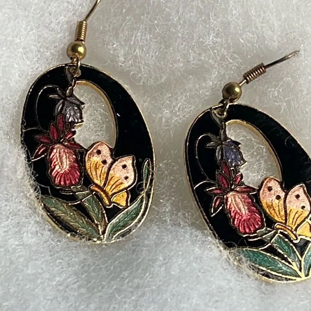 Vintage 80’s Cloisonné’ floral dangle drop earrings